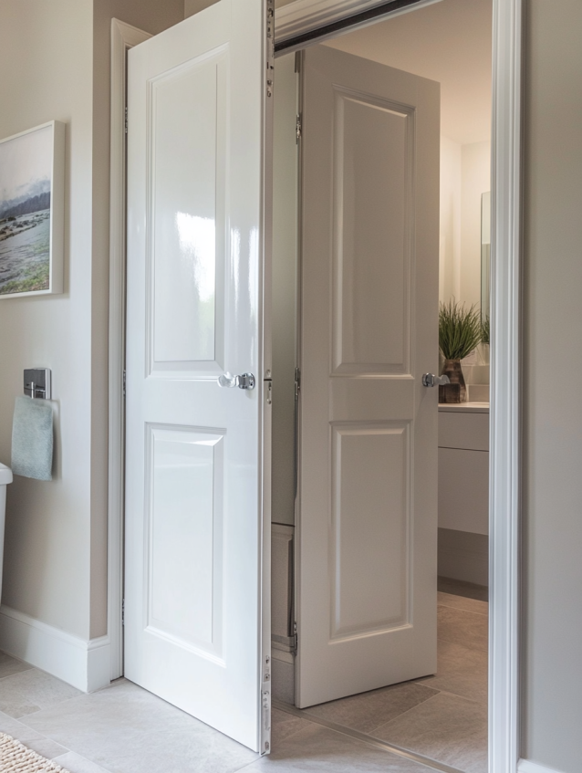 Modern bi-fold bathroom door, ideal for compact spaces with a clean white finish.