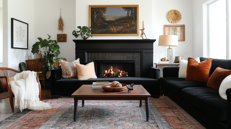 Black couch living room with fireplace and rustic decor accents