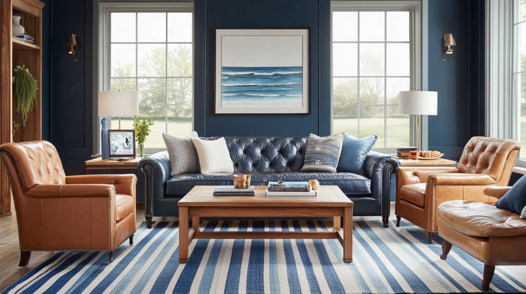 Blue couch living room with leather chairs and striped rug