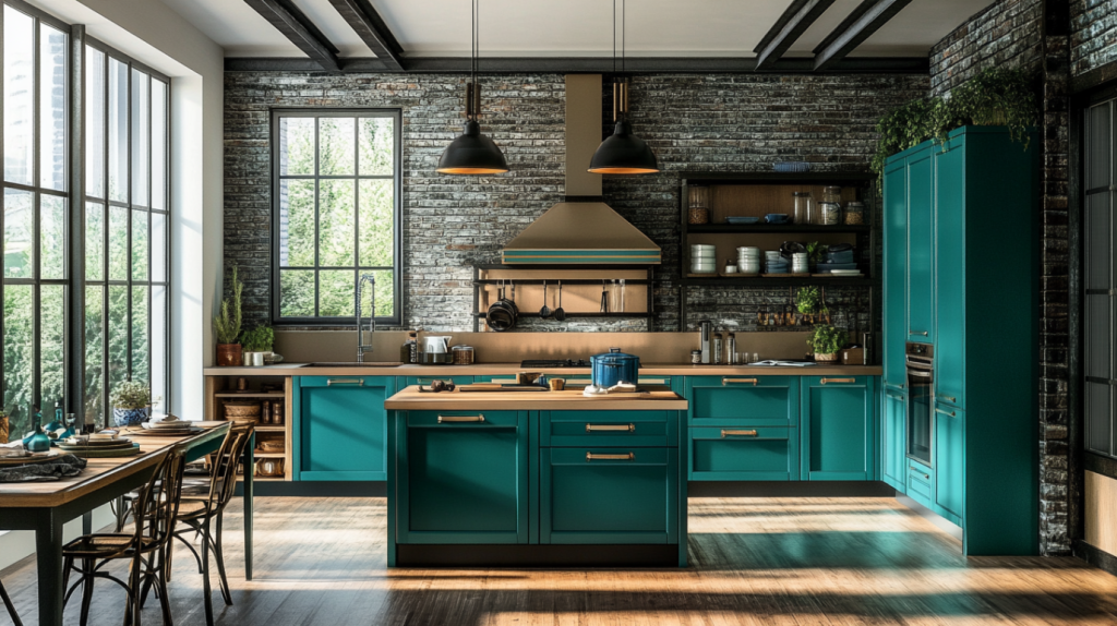 industrial kitchen with teal cabinets and exposed brick walls