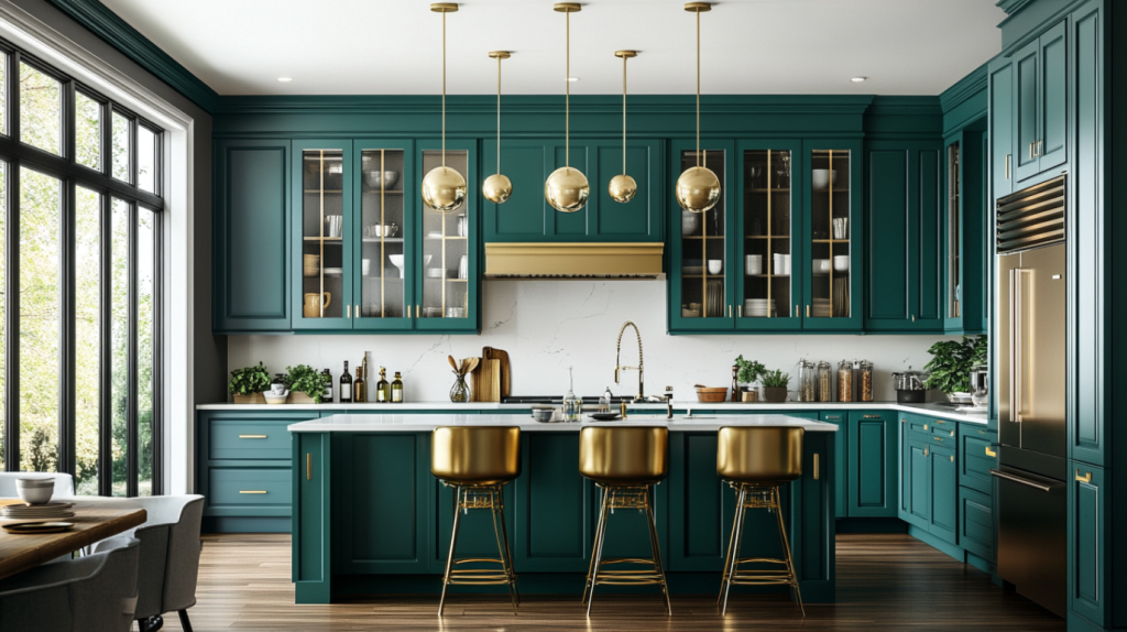 teal kitchen cabinets with gold fixtures and modern pendant lights