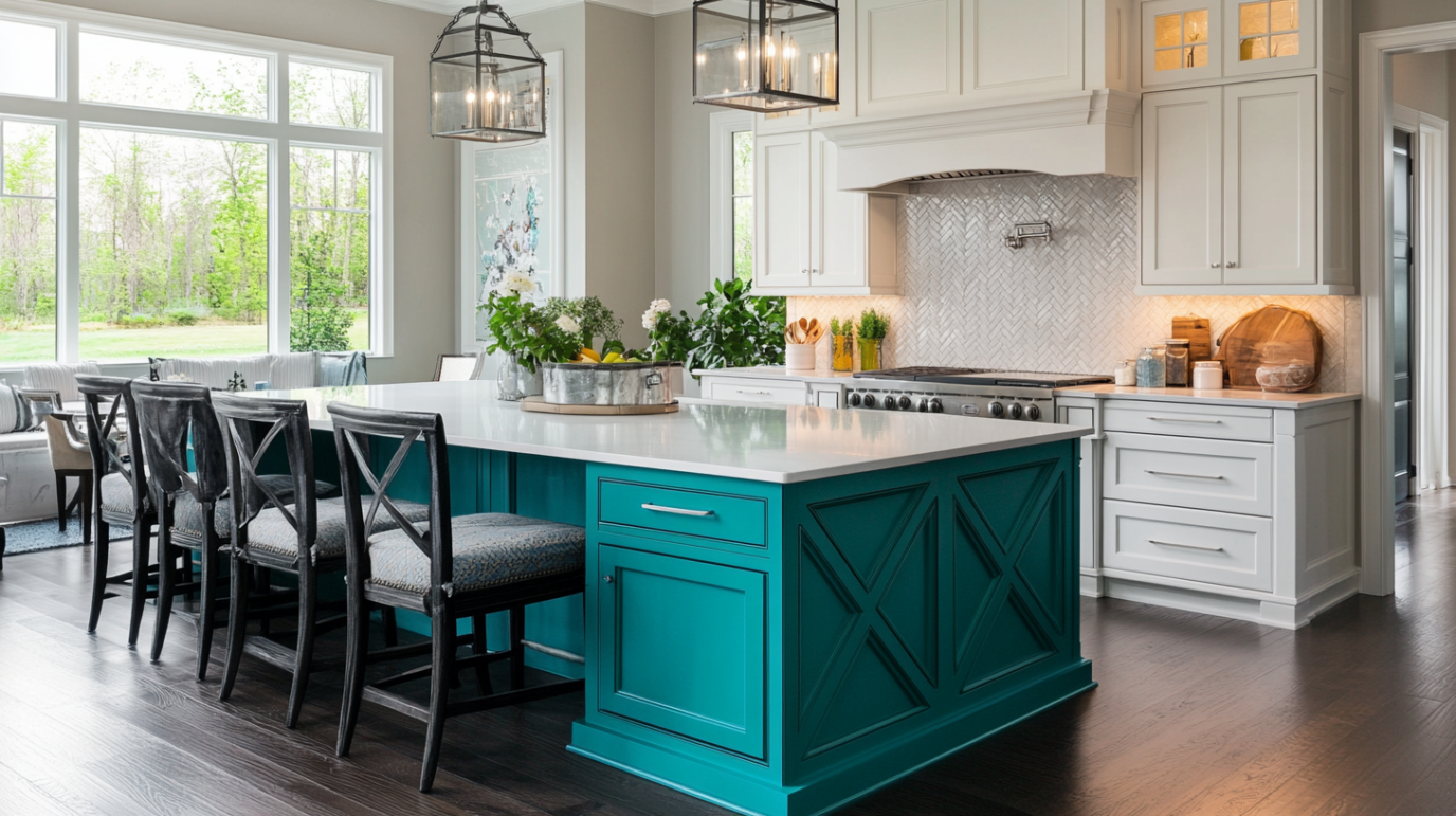 teal kitchen island in a white kitchen with black chairs and lantern lights