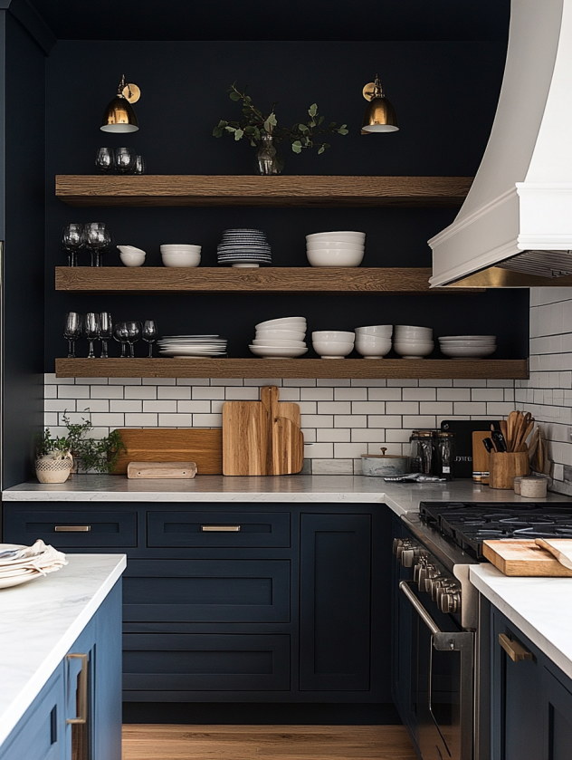 Open kitchen shelves with bold accent colors, providing a pop of color and style to the kitchen space.