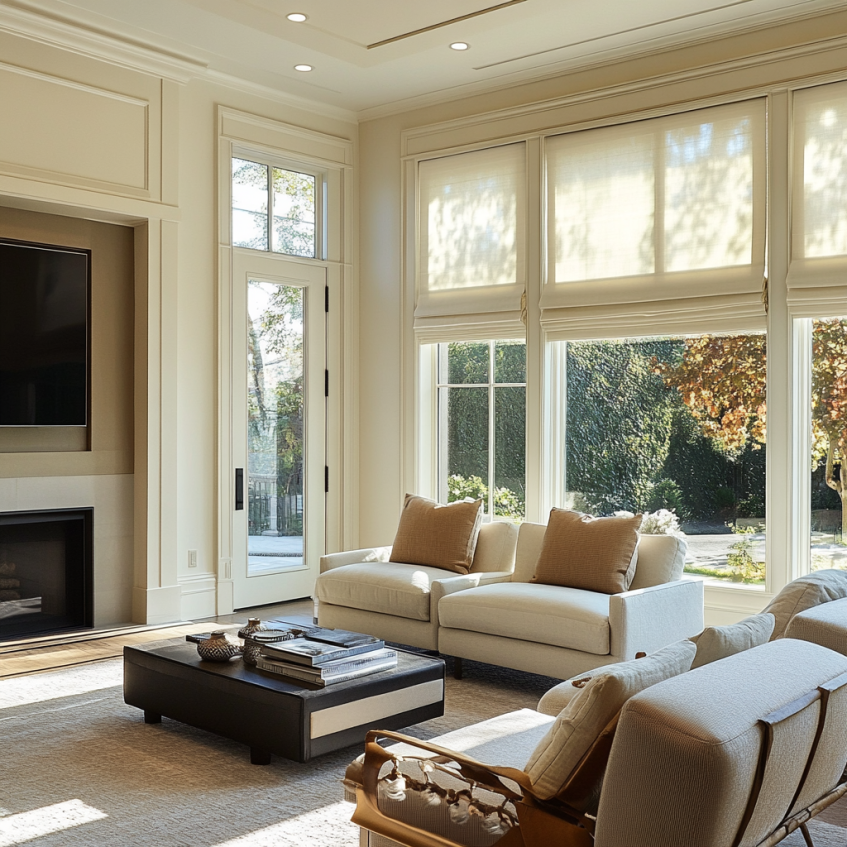 Living room with large windows, beige sofas, and natural sunlight