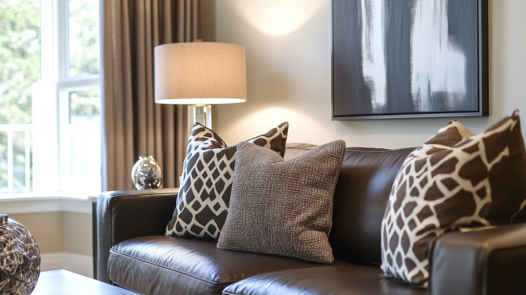 Brown couch living room with textured pillows and modern art