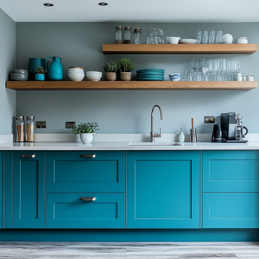 teal base cabinets with wooden floating shelves on gray walls