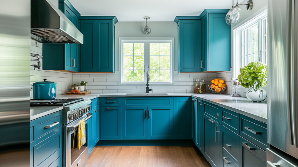 classic teal shaker kitchen cabinets with white subway tile backsplash
