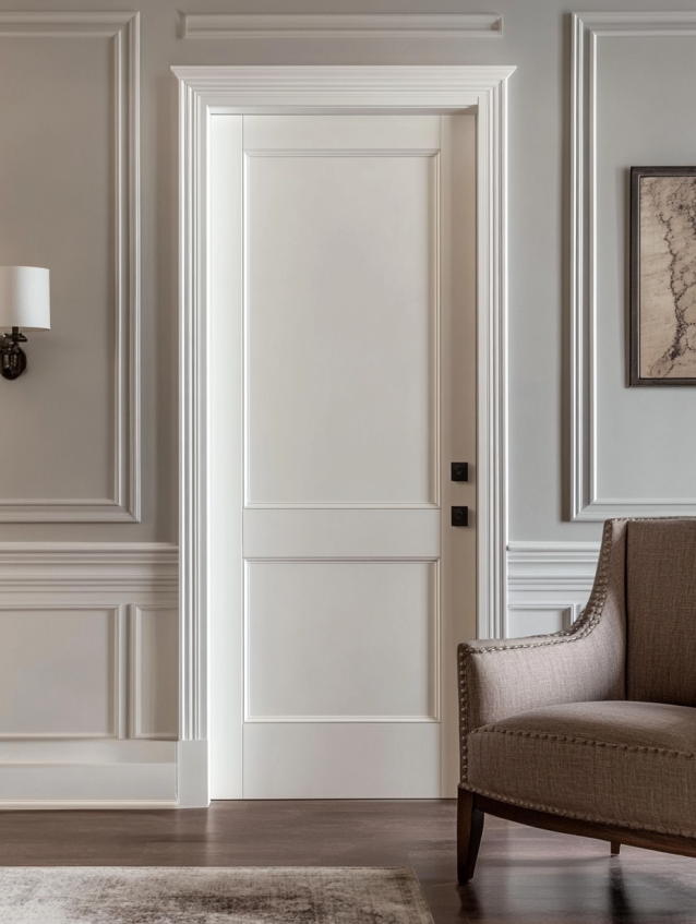 Traditional white interior wood door with panel detailing in a classic living room