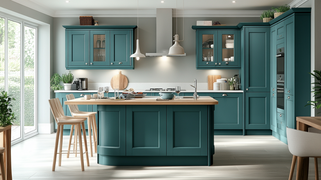 coastal style kitchen with teal cabinets and wood accents