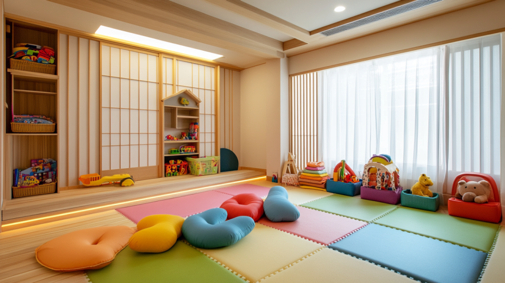 Kids playroom with tatami floor, colorful mats, and toy storage in bright natural light