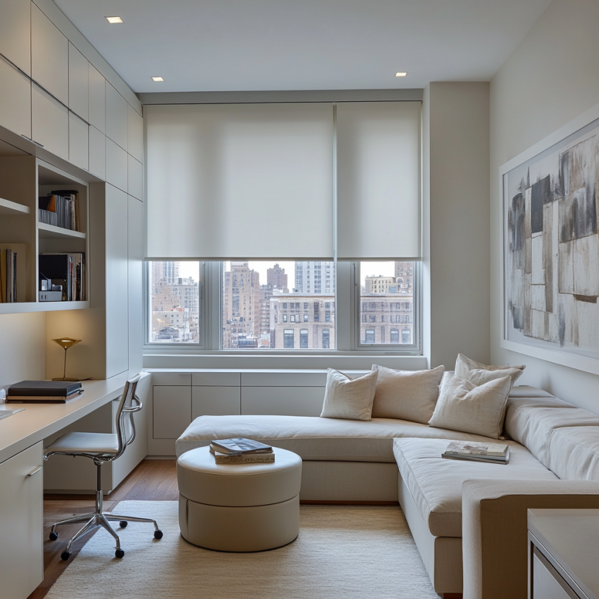 Compact city apartment living room with sectional sofa, built-in desk, and modern storage cabinets.