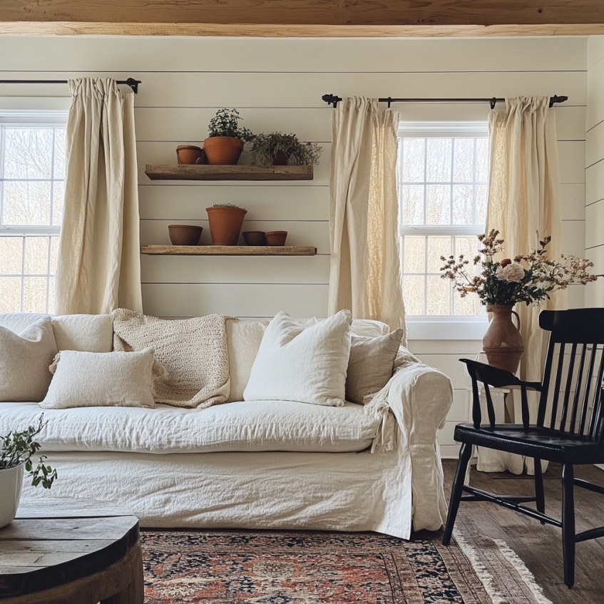 Farmhouse living room with white slipcovered sofa, rustic wooden beams, and terracotta decor accents.