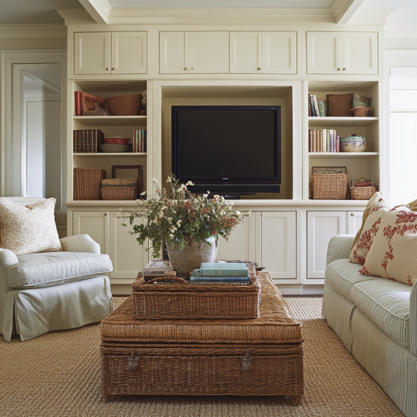 Built in cabinets living room with cozy seating and woven coffee table