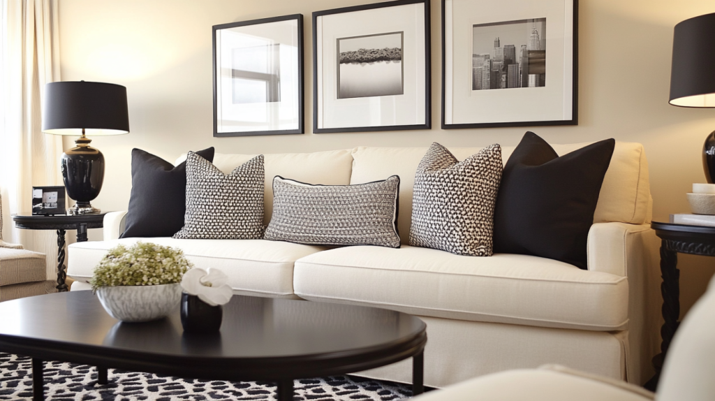 Cream couch living room with black and white decor and framed wall art