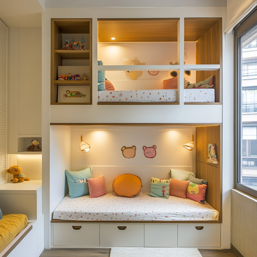 L-shaped double tatami bed setup with built-in shelves and storage drawers for kids