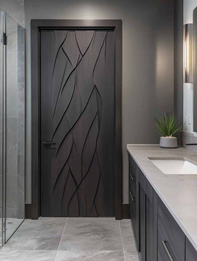 Custom laminated bathroom door with a modern, geometric pattern and a smooth finish.