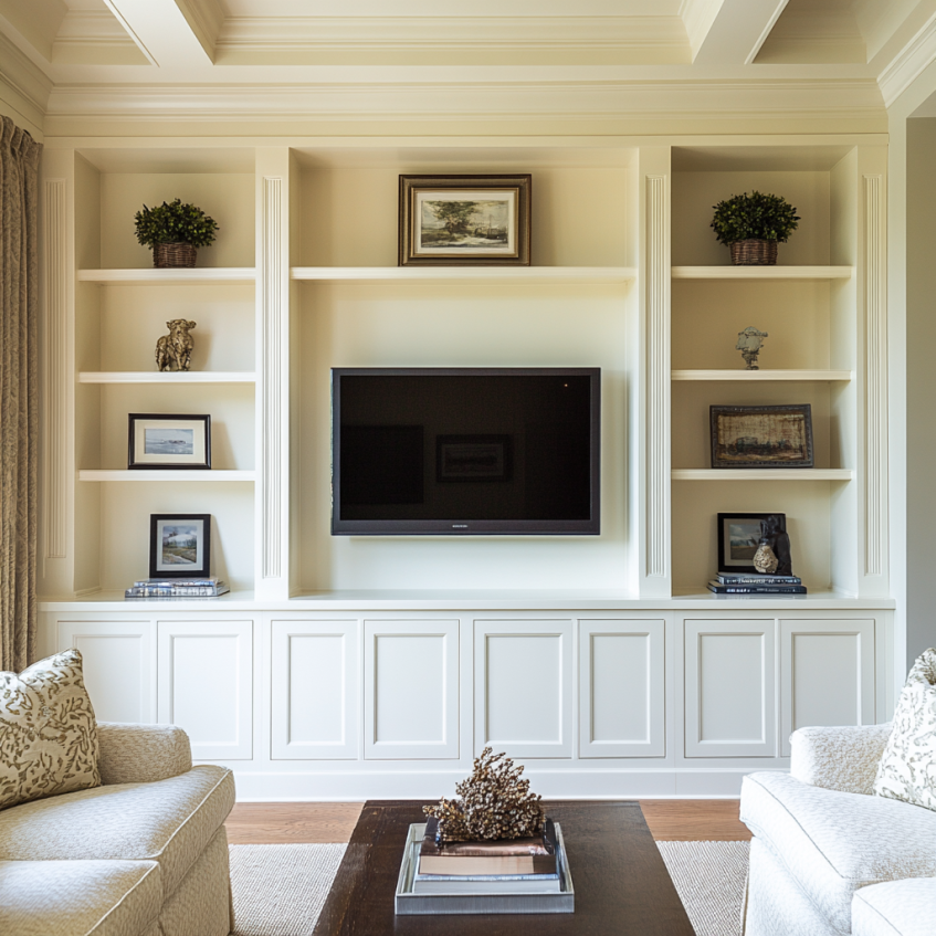 Living room cabinets with built-in shelves and TV center