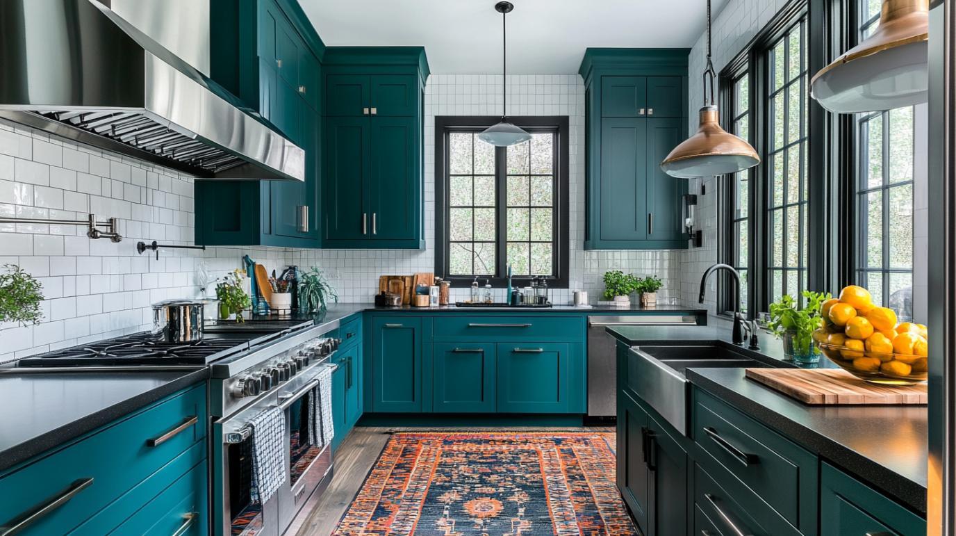 dark teal kitchen cabinets with black hardware and copper lighting