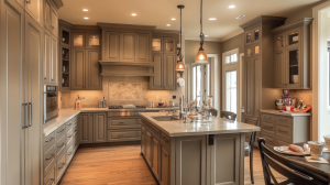 A taupe kitchen featuring a spacious island, modern lighting, and sleek cabinetry. The warm taupe tones are complemented by contemporary finishes and wood flooring.