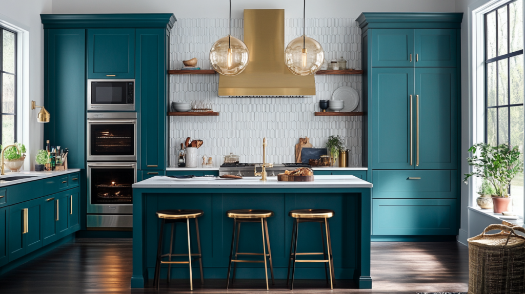 teal kitchen cabinets with brass handles and gold vent hood