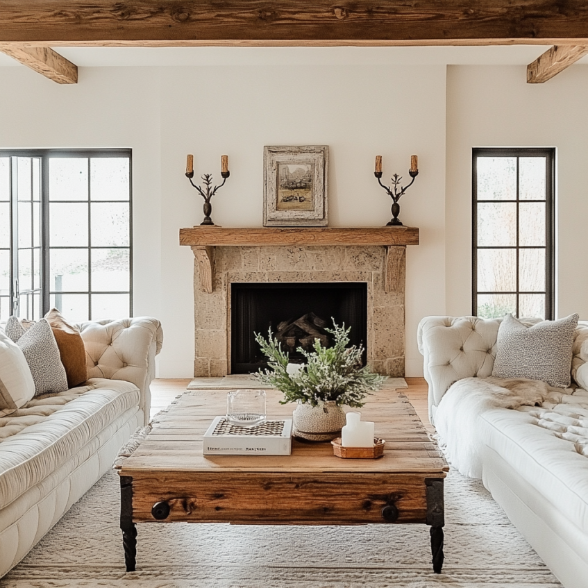 Farmhouse living room with rustic fireplace, wood beams, and tufted sofas
