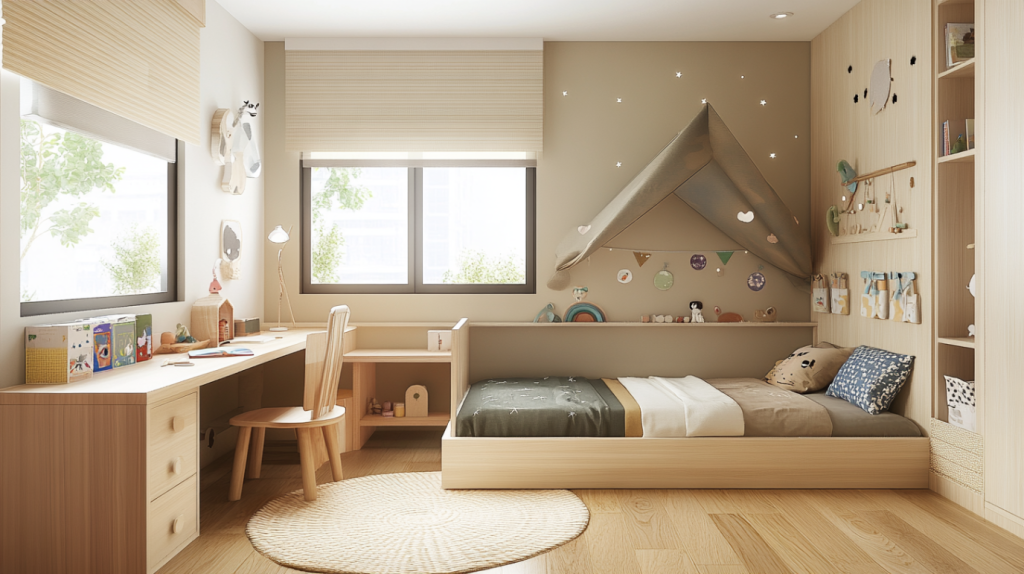 Kids room with tatami bed frame, built-in study desk, and storage shelves in natural wood