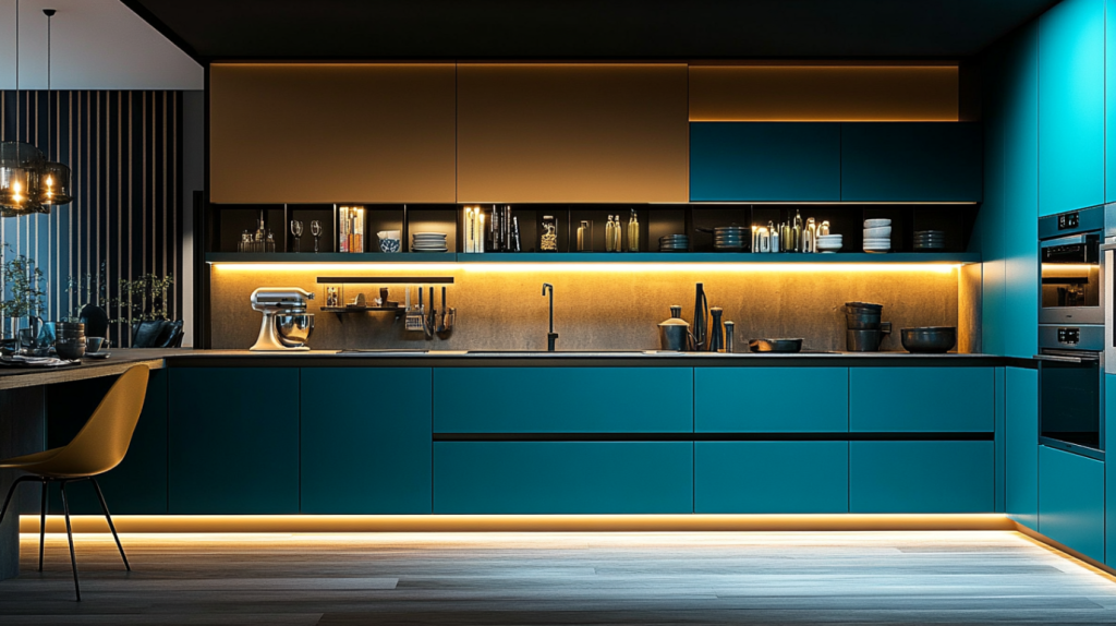 sleek teal kitchen cabinets with integrated LED lighting