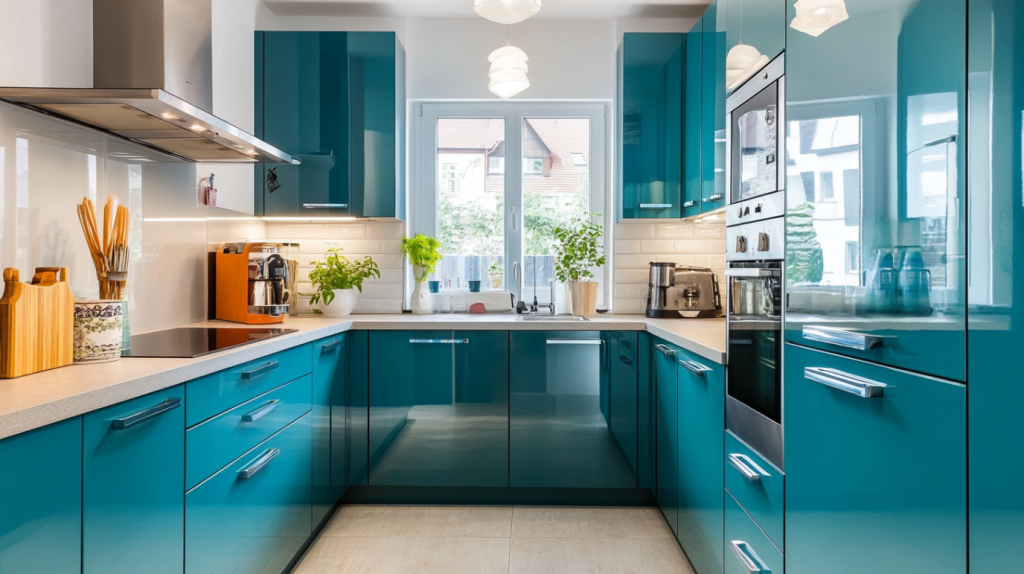 glossy teal kitchen cabinets in a compact U-shaped layout