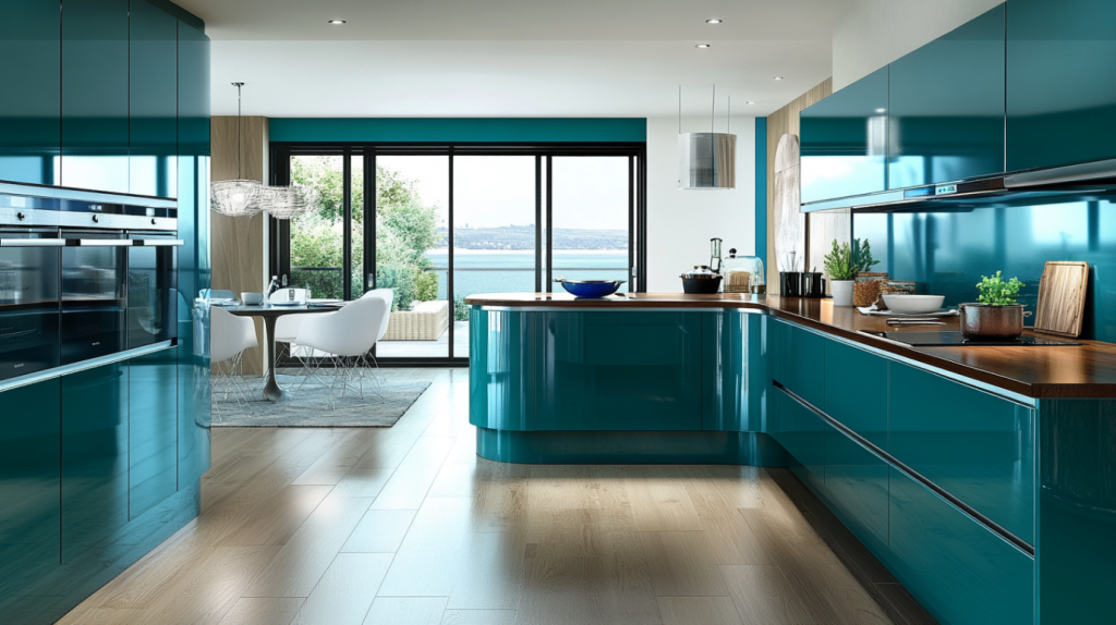 glossy teal kitchen cabinets with curved island and sea view