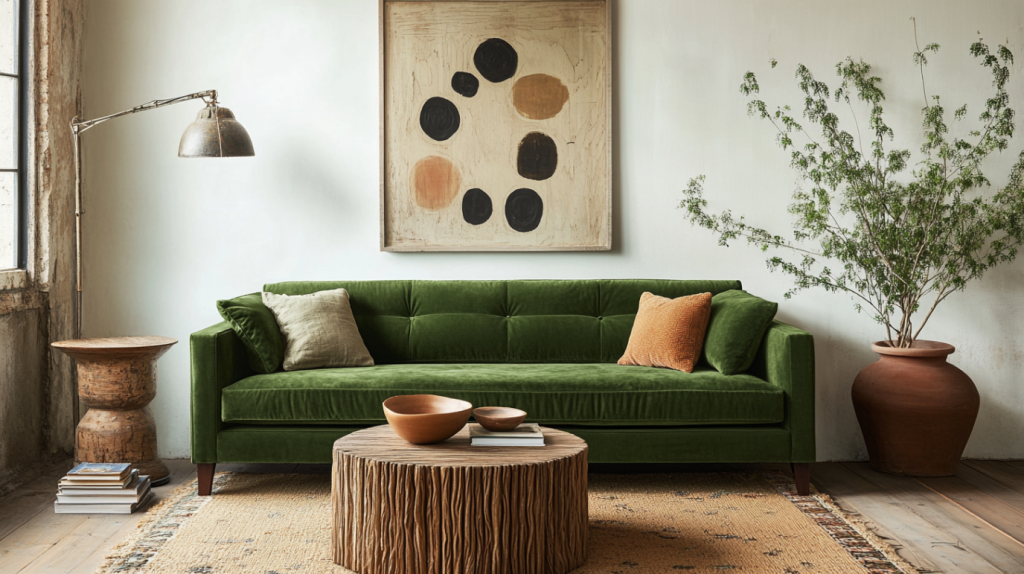 Green couch living room with rustic coffee table and earthy decor