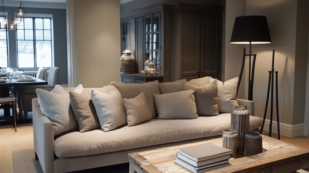 Grey living room ideas with neutral sofa, soft pillows, and rustic wood table