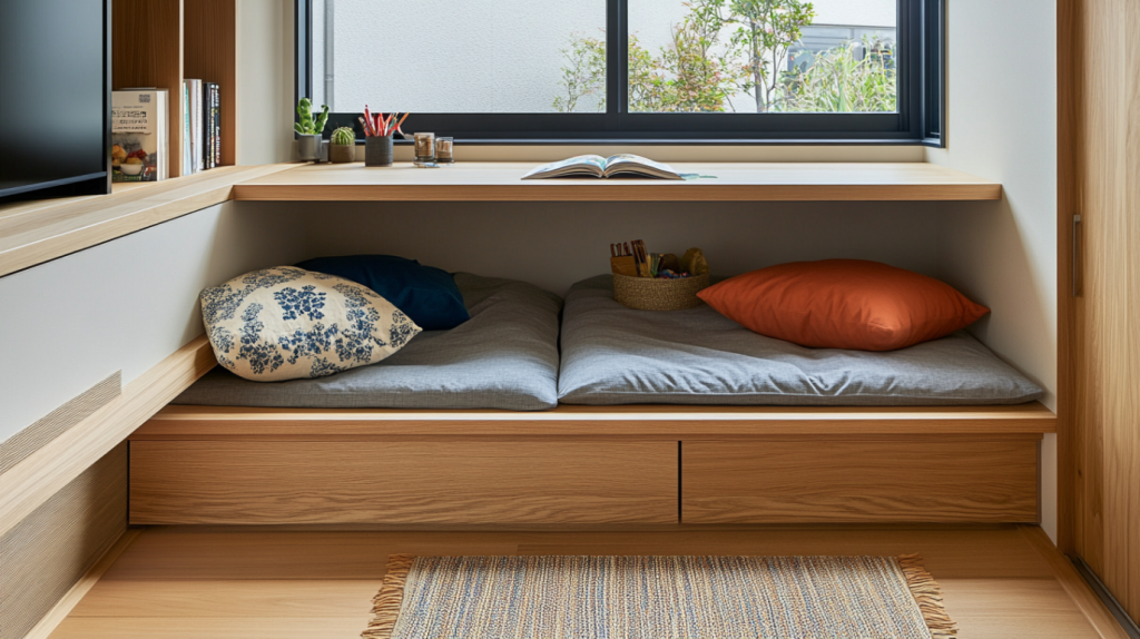 Compact tatami bed nook with cushions, built-in desk, and storage drawers in modern kids room