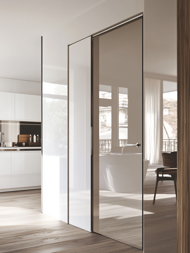 High gloss lacquer bathroom door offering a smooth, reflective surface for a high-end finish.