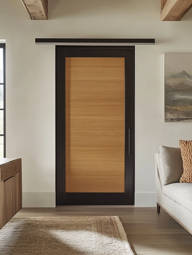 Vertical slat wood door with natural finish in minimalist modern space