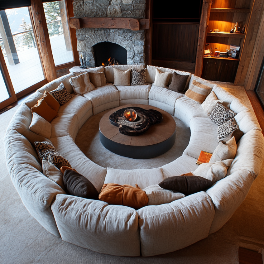 Luxury living room with circular sectional sofa and stone fireplace