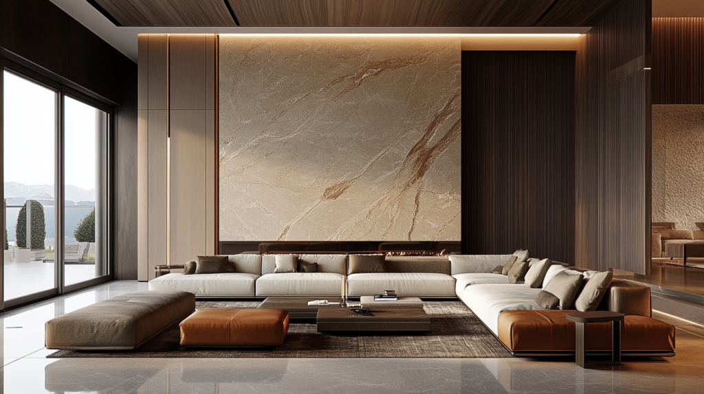 Luxury living room with sectional sofa, marble wall, and modern furniture