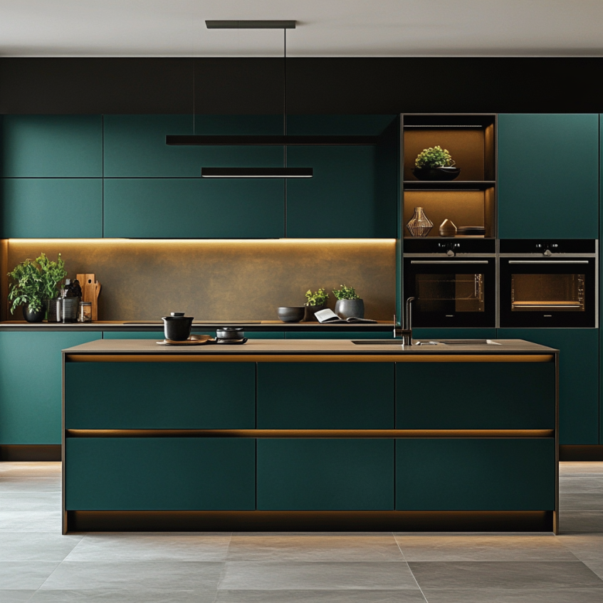 matte teal kitchen cabinets with soft lighting and open shelving