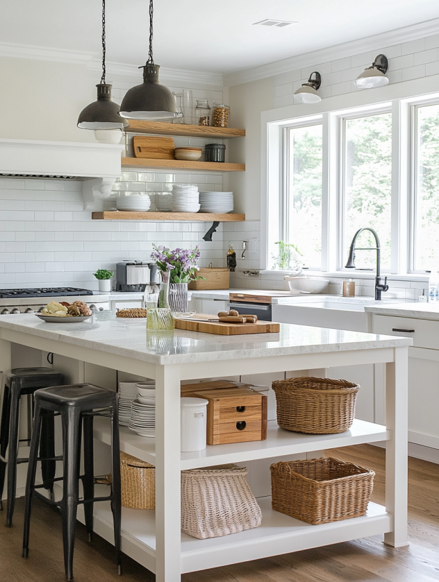Minimalist floating open shelves in a kitchen, displaying simple white dinnerware and glassware for a clean aesthetic.