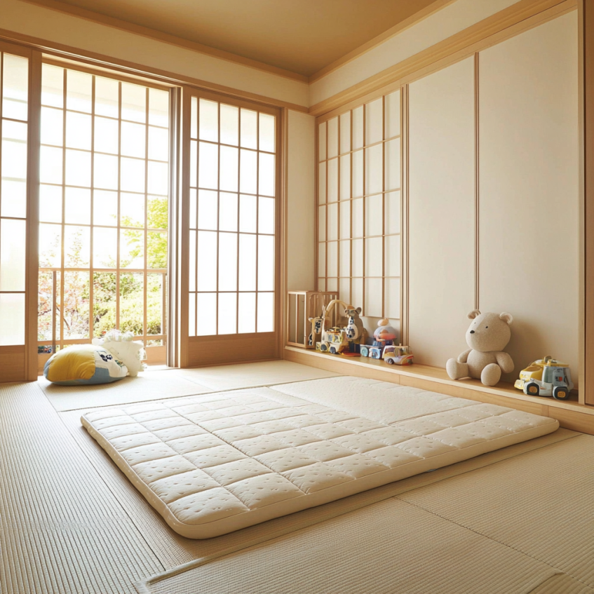Minimalist kids room with tatami mattress, toys, and shoji sliding doors in natural light
