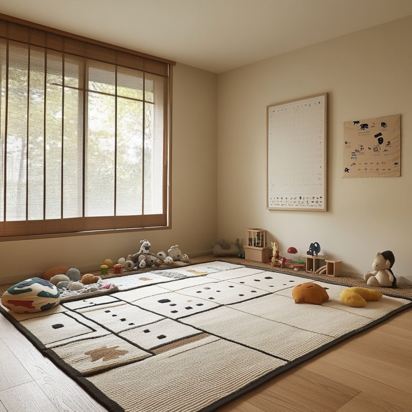 Minimalist tatami playroom with large patterned rug, toys, and natural light