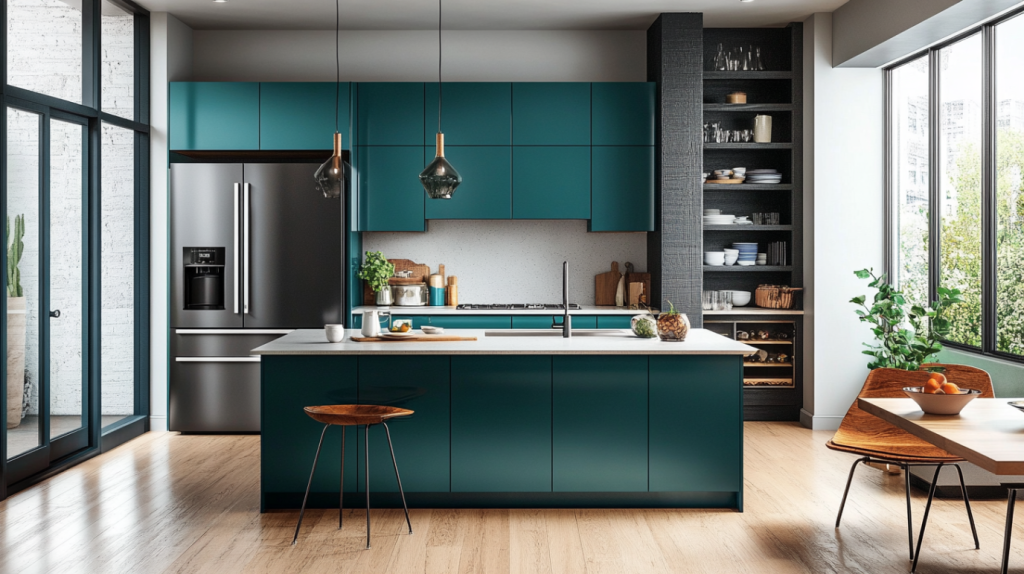 modern flat-panel teal kitchen cabinets with white countertop