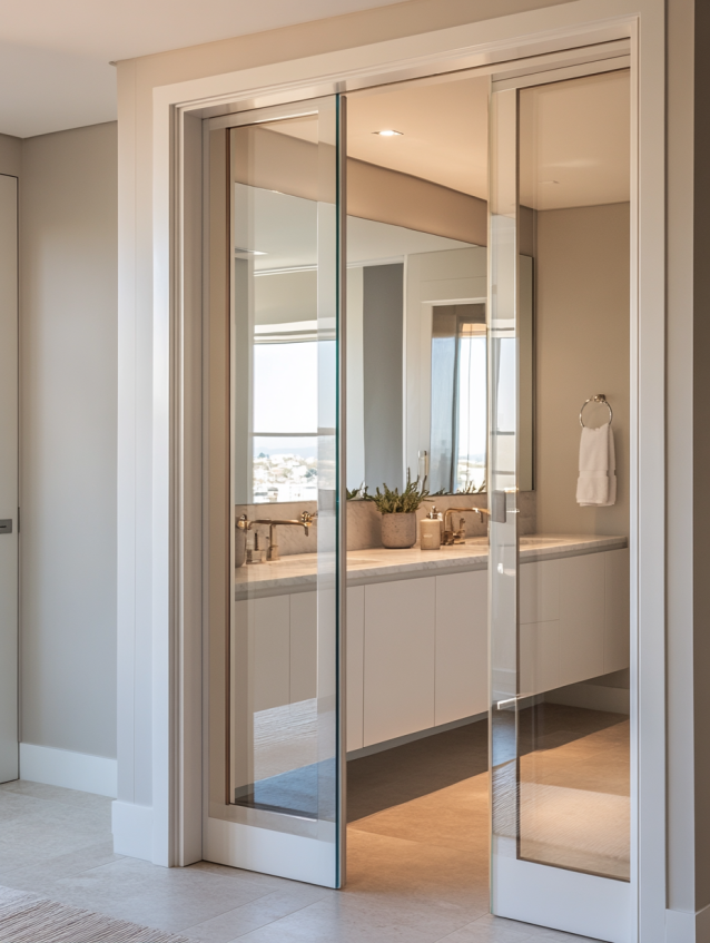Bathroom door with a mirrored surface, serving as both a door and a functional mirror.