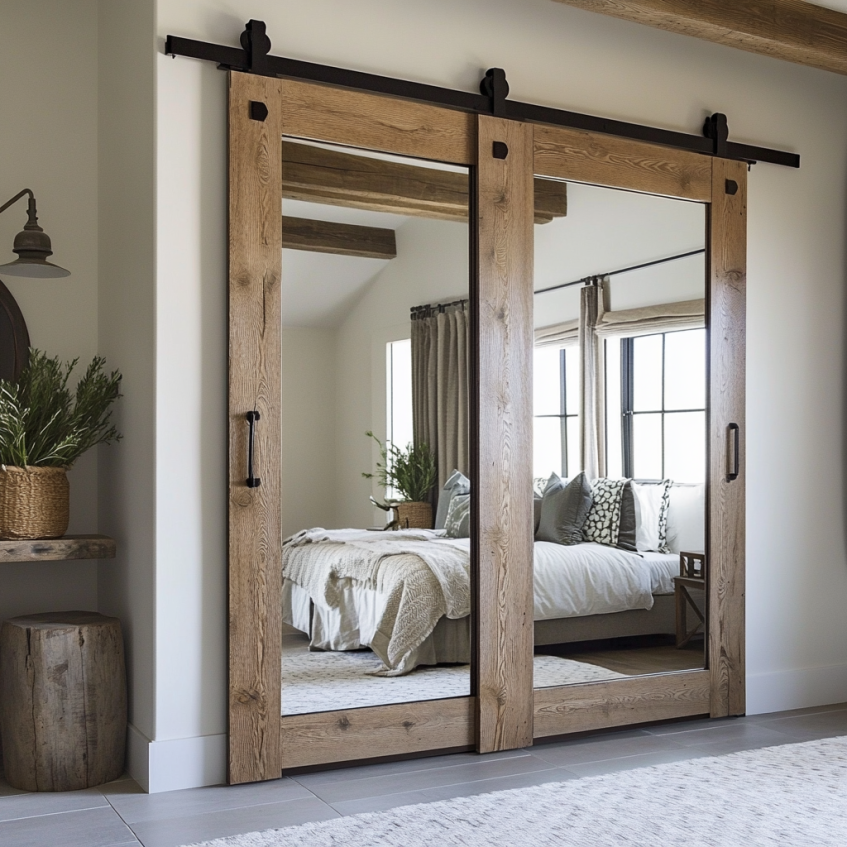 Mirrored wood barn doors used as closet or room divider in a cozy bedroom