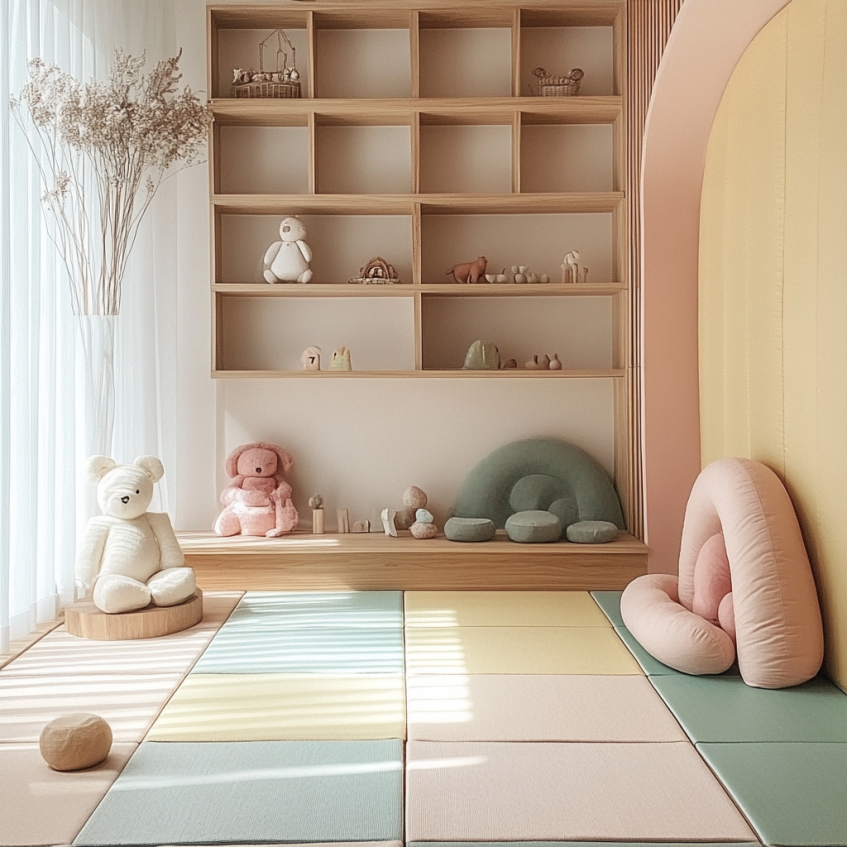 Modern kids playroom with pastel tatami mats, wooden shelves, and soft plush toys