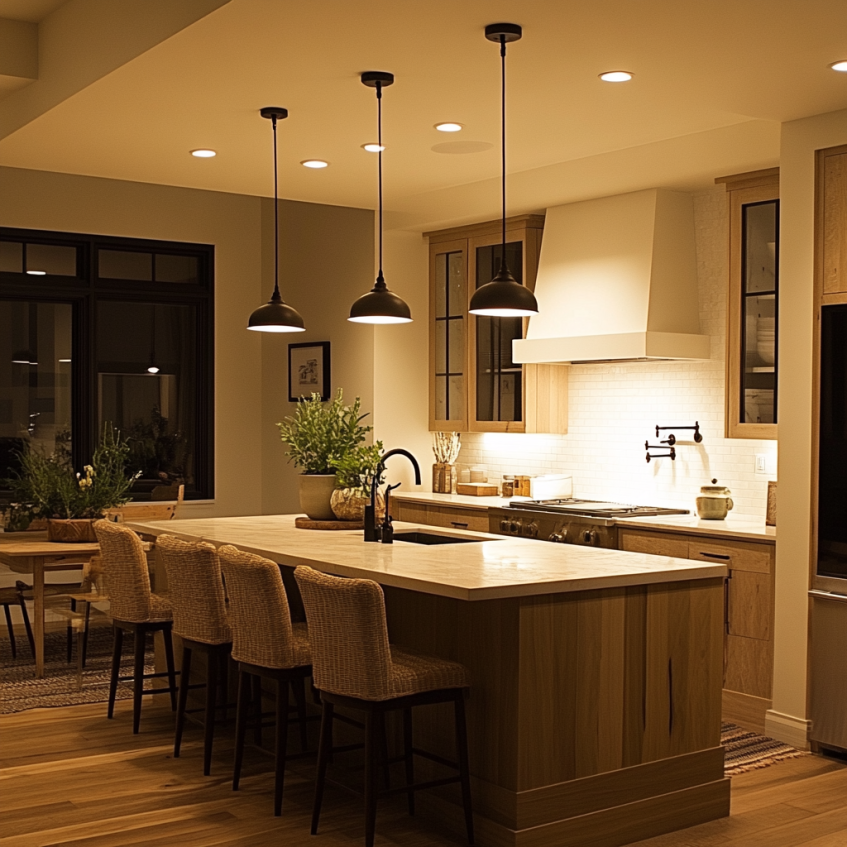 Modern kitchen with layered lighting, pendant lights, and wooden island