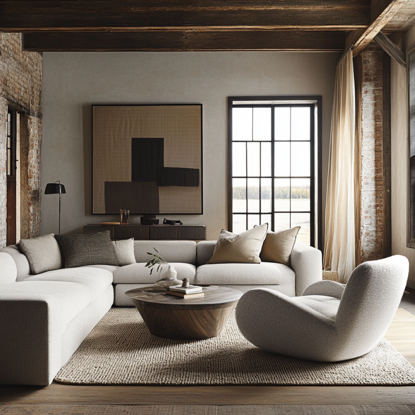 Modern living room set with sectional sofa, rustic beams, and neutral tones
