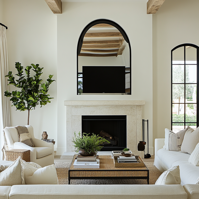 Modern living room with fireplace, arched mirror, and white sofas