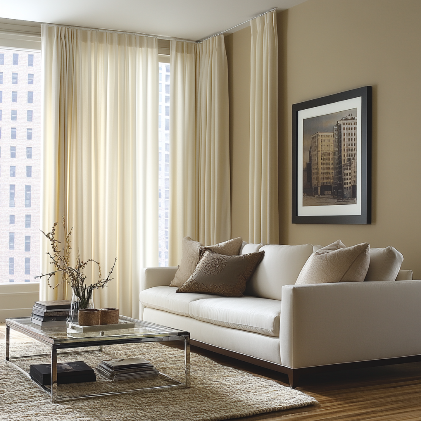 Modern living room with cream sofa, floor-to-ceiling curtains, and city view