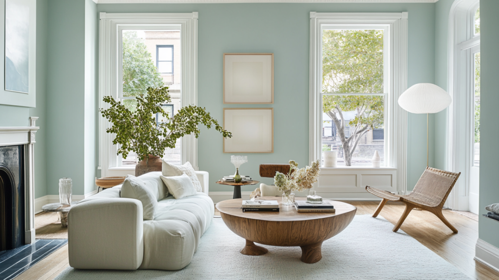 Modern living room with white sofa, round wooden coffee table, and pastel wall colors