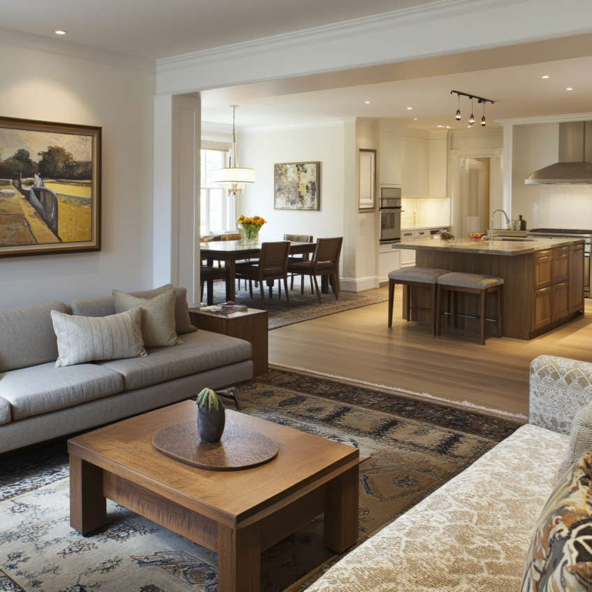 Open plan living room layout with modern furniture and dining area
